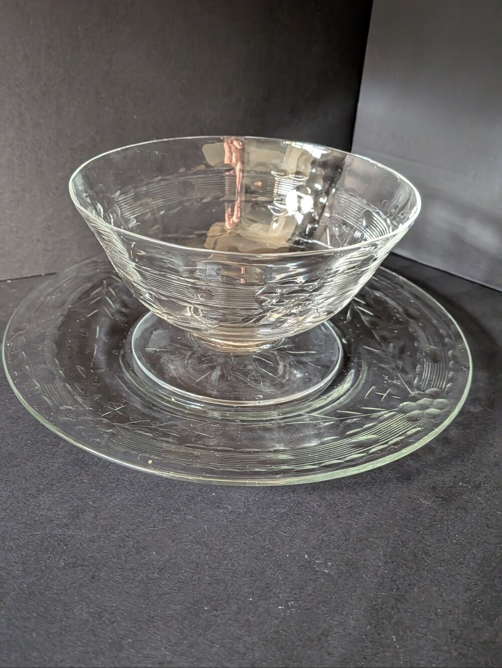 VTG Delicate Hand Molded Glass Bowl & Plate Snowflake Lines Sprigs Pattern Clear
